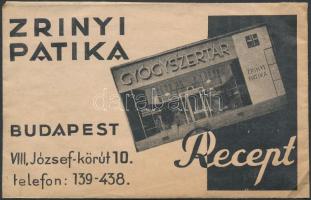 cca 1930-43 Zrinyi Patika receptboríték Dr. Margittai Sándor által kiállított 3db recepttel, 8x12cm