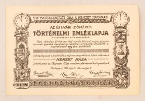 1916 &quot;Egy megtakarított óra a Nemzet Házának&quot;, kitöltetlen, díszes igazoló emléklap hadirokkantak segélyezéséről az új nyári időszámítás alkalmából (1220. sz.), nyomtatott aláírásokkal