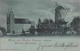Sásony, Winden; Szélmalom, templom. Kirche und Mühle, Photographie von Amon & Wolf / church, windmill (Rb)