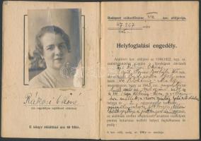 1945 Helyfoglalási engedély, Budapest székesfőváros VIII. ker. elöljárója, pp.:12, 14x10cm