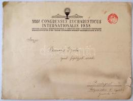 1938 az Eucharisztikus Kongresszus díszes elismerő oklevele Veronács Gyula (?-?) gazdasági főfelügye...