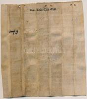 cca 1800-1900(?) Mezuzatekercs (MTörv 6,4-9 és 11,13-21), kézzel írt, pergamen, 12,5×11 cm /

cca ...