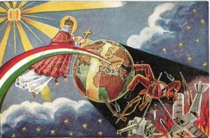 Szent István és a keresztény Magyarország a vörös ördög ellen; Copyright Sopronyi Gyula, Budapest / Hungarian peace propaganda art postcard
