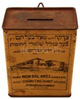 cca 1940 Adakozó persely - Rabbi Meir Bál Nesz adakozás Kolel Schomre Hachomot részére. Fém. / Chari...