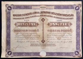 Budapest 1926. "Magyar Kender,-Len- és Jutaipar Részvénytársaság" részvénye 40P-ről szelvényekkel T:II-,III két széle levágva