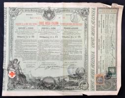 Olaszország / Róma 1885. Olasz Vöröskereszt kötvénye 25L-ról, bélyegzésekkel T:III szakadások Italy / Rome 1885. Italian Red Cross bond about 25 Lire with overprints C:F tears