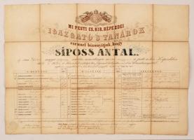 1856 Siposs Antal (1839-1923) zongoraművész és zeneszerző tanító képezdei bizonyítványa, vászonra kasírozva, szép állapotban 72x48 cm