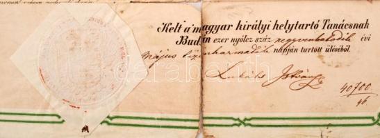1846 Nyílt parancs, szabad utazásra jogosító igazolás a Helytartótanácstól Peterdy Gábor (1817-1892)...