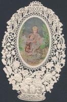 cca 1850 A gyermek Jézus és Kerszetelő Szent János képe, csipkeszentkép, 10x7cm