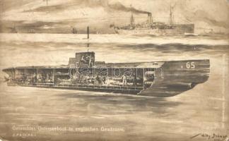 Getauchtes Unterseeboot in englischen Gewässern, SM U65 / Deutsche Kriegsmarine, German naval submarine s: Willy Stöwer