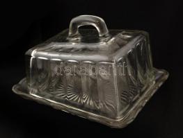 Art deco üveg sajttartó, préselt, apró lepattanásokkal, 14x15x10cm