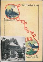 1933 Gödöllő, Cserkésztábor bejárata, vintage fotó(5,5x5,5 cm), felragasztva a Jamboree grafikus képeslapjára