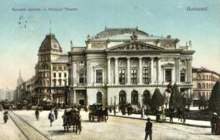 Budapest, VIII. Nemzeti színház, villamos, lovaskocsi, kiadja Németh József (EM)