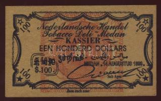 Holland India/Szumátra/Medan 1899. kereskedői bón 100$ papírráncokkal T:I