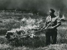 1974 Regős István Károly (Pécs): Tarlóégetés, feliratozott vintage fotóművészeti alkotás, 18x24 cm