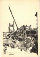 1945 Budapest, 2 db II. világháborús városképes lap; lerombolt Erzsébet híd, lerombolt Szentháromság...