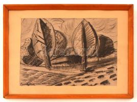 Bene jelzéssel: Fák az útnál. Szén, papír, üvegezett keretben, 21×29 cm