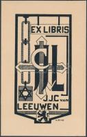 De Vos, A.: Ex libris J. J. C. von Leeuwen, judaika témájú ex libris, fametszet, papír, jelzett a dúcon, 13×8 cm