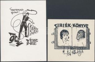 Petry Béla (1902-1996): Tibiék könyve, ex libris, klisé, papír, jelzett a klisén, 8,5×9,5 cm + Balázsfy Rezső (1885-1973): Szerencsés új évet 1935, alkalmi kisgrafika, klisé, papír, jelzett a klisén, 12×9 cm