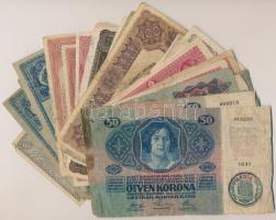 1914-1920. 41db-os vegyes Korona tétel, 20f-100K, néhány bankjegyen "Magyarország" piros é...