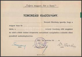 Toborzási igazolvány. Magyar Nemzeti Bizottság - Eger bélyegzővel. Aláírásokkal. A papíron 1945. március hó szerepel, de maga a papír kitöltetlen. Egri Nyomda Rt.