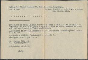 Gyöngyösi Járási Tanács VB. Kereskedelmi csoportjának  spenótügyi értesítvénye és február havi irány...