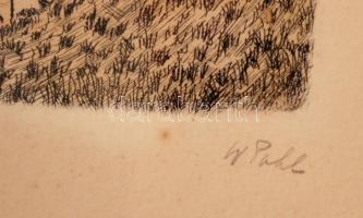 Pohl jelzéssel: Épület. Színezett rézkarc, papír, üvegezett keretben, 18×25 cm