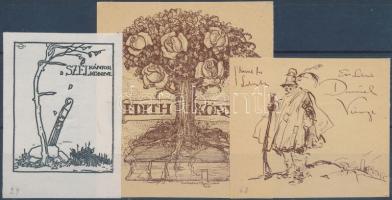 Haranghy Jenő (1894-1951): Ex libris tétel, klisé, papír, 3db, 6x4,5cm, 8x7cm, 5,5x6cm