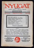 Babits Mihály-Gellért Mihály (szerk.): Nyugat 1936 december. XXIX. évf. 12 sz. Budapest, 1936, Nyugat Kiadó és Irodalmi Részvénytársaság. Kiadói papírkötés, 396-475 p. Kosztolányi Dezső emlékszám. A folyóirat megviselt állapotban. A  borítója foltos. A kötése meglazult, sérült. A folyóiratból pár lap kijár.