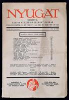 Babits Mihály-Gellért Mihály (szerk.): Nyugat 1936 október. XXXI. évf. 10 sz. Budapest, 1938, Nyugat Kiadó és Irodalmi Részvénytársaság. Kiadói papírkötés, 233-304 p. Karinthy Frigyes emlékszám.  A borító foltos, és szélei gyűröttek.