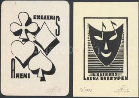 Alfred Gauden (?-?): 2 db ex libris, linó, papír, jelzett, 6×4 és 7×5 cm