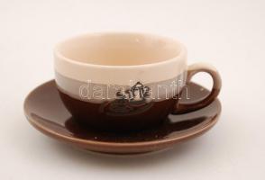 Kerámia kávéskészlet, 6 db csésze 6 db csészealjjal, lepattanással, fém tartóval, jelzés nélkül