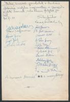 1961 Sebes Gusztáv (1906-1986) az Aranycsapat edzőjének néhány soros bejegyzése és aláírása emlékkönyvből kivágott lapon, valamint Babolcsay György, Galambos Antal, Faragó András stb. aláírása