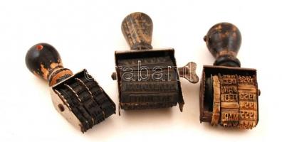 Régi bélyegzőtartó, fém, 3 db bélyegzővel, d:15,5 cm, m:8 cm