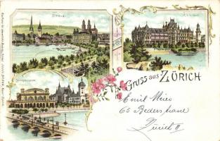 1898 Zürich, Gruss aus Zürich, Landesmuseum, Alpenquai, Utoquai, Julius Brann / museum, quays, floral, art nouveau, litho (EK)