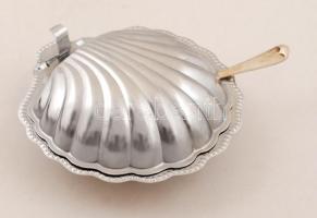 Retró, kagylóformájú dzsemkínáló üvegbetéttel és kanállal, cca 13x5cm