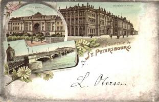 1898 Saint Petersbourg, Le Senat, Pont St. Nicolas, Le palais dHiver / senate, bridge, winter palace, floral, litho (fa)