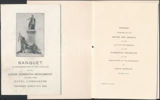 1928 Kossuth Lajos születésének 100. évfordulója alkalmából az Egyesült Államokba látogató magyar delegáció állomásain tartott díszvacsorák menükártyái. 4 db /  1928 Menu cards of the dinners organised for the Hungarian delegates visiting American cities on the anniversary of Luis Kossuth's birth.