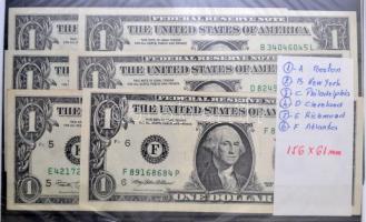 Amerikai Egyesült Államok 1963-2003. 1-5$, gyűjtemény 49$ névértékben, közte 1963. 5$ vörös pecséttel, 1963. 2$ vörös pecséttel (2x), 1999. 1$ sorszámkövető (4x), 2003. 1$ sorszámkövető (3x), barna gyűrűs mappában T:I - II- USA 1963-2003. 1-5 Dollars, collection in 49 Dollars face value, among it 1963. 5 Dollars with red seal, 1963. 2 Dollars with red seal (2x), 1999. 1 Dollar sequential serials (4x), 2003. 1 Dollars sequential serials (3x), in brown binder C:UNC-VF