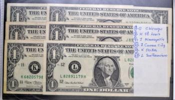 Amerikai Egyesült Államok 1963-2003. 1-5$, gyűjtemény 49$ névértékben, közte 1963. 5$ vörös pecsétte...