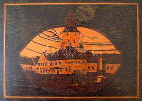 Antik fa doboz, "Kolozsvár 1916" felirattal és intarziás képpel, jelzett (GY), belsejében ...