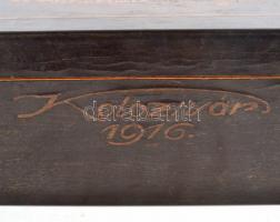 Antik fa doboz, "Kolozsvár 1916" felirattal és intarziás képpel, jelzett (GY), belsejében ...