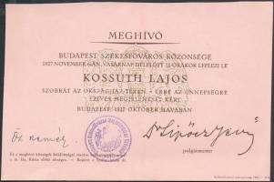 1927 Meghívó a Kossuth szobor avatásár az Országház térre. Sipócz Jenő polgármester aláírásával