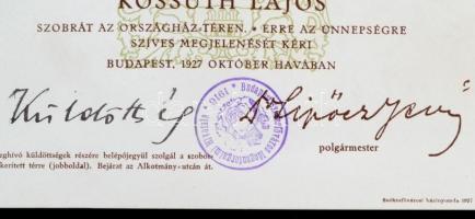 1927 Meghívó a Kossuth szobor avatásár az Országház térre. Sipócz Jenő polgármester aláírásával