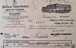 1939 Braun Testvérek R.t. Konyak- és Likőrgyára, rajzos számla, okmánybélyeggel (2fillér), kilyukasz...