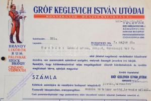 1947 Gróf Keglevich István utódai Konyakgyár R.t. rajzos számla, kilyukasztva, 29x22cm