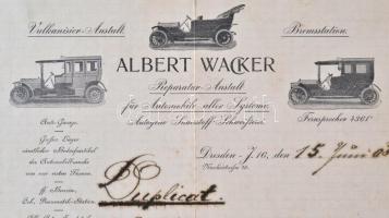 1915 Albert Wacker, Vulkanisier-Anstalt, Bremsstation,  rajzos számla,   29x22cm