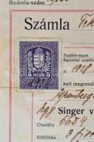 1928 Singer Varrógép Részv. Társaság számla okmánybélyeggel (5 fillér), 22x15cm