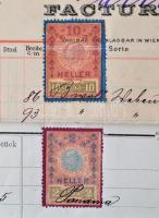 1908-09 Osztrák, verzós számlák okmánybélyeggel (2, 10 fillér), 2db, cca 29x23cm
