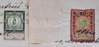 1886-1905 Osztrák, verzós számlák okmánybélyeggel (5, 30 fillér), 2db, kis szakadásokkal, cca 29x22c...
